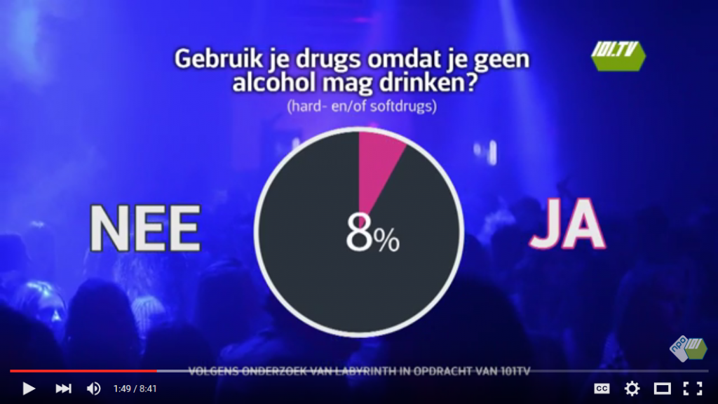 [Vraag "Gebruik je drugs omdat je geen alcohol mag drinken?" in het filmpje](https://youtu.be/gxdVQlouQKQ?t=1m49s)